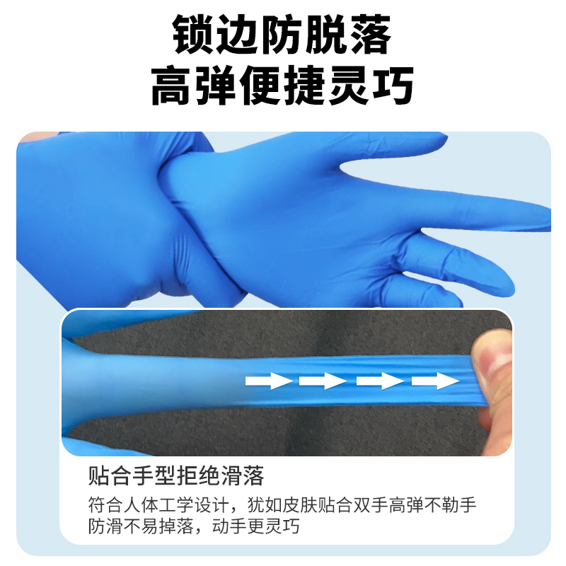 蓝色一次性丁腈民用手套护臂款 防滑耐磨舒适透气 details Picture