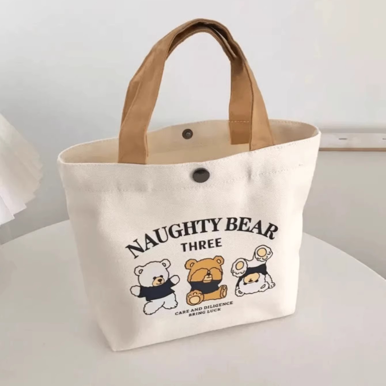 New bear canvas bag for female students, portable for work, small size, hand-held bento bag, handbag, canvas bag, gift bag details Picture