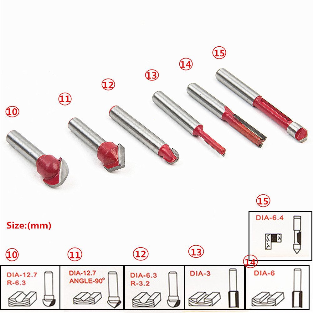 15-piece set of woodworking milling cutter 15PC trimming cutter, specifically designed for woodworking engraving machines, bakelite milling machines and trimming machines Item Picture