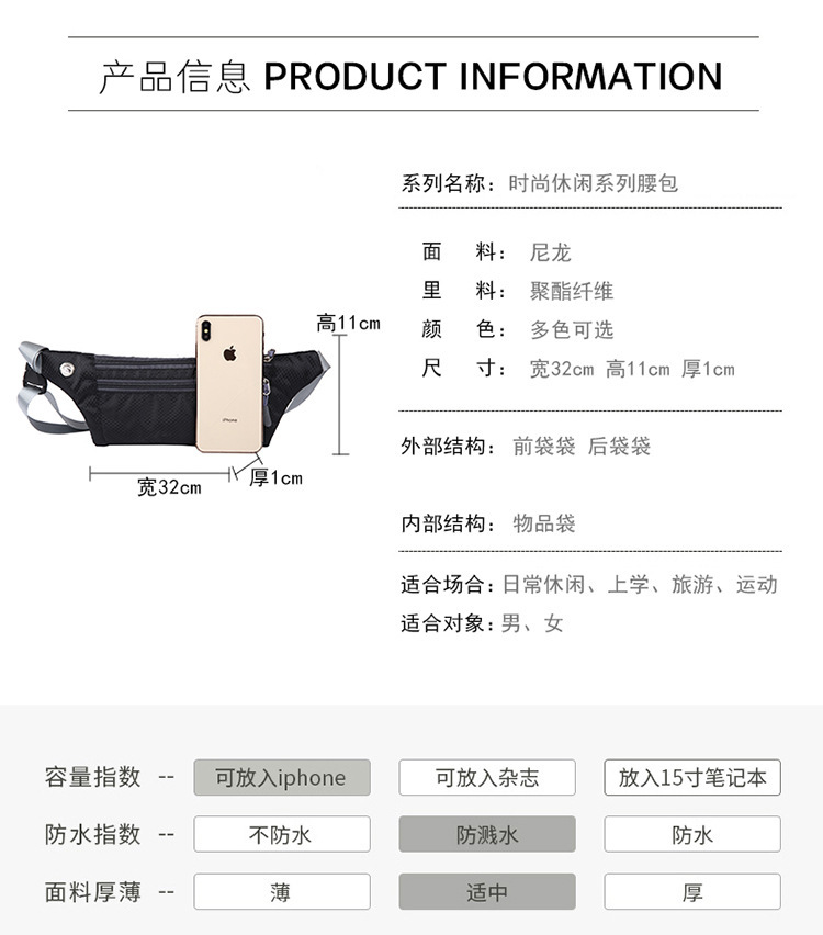 New sports waist bag, fitness running bag, waterproof men's and women's mobile phone bag, multi-functional single-shoulder crossbody bag and close-fitting chest bag Specification image