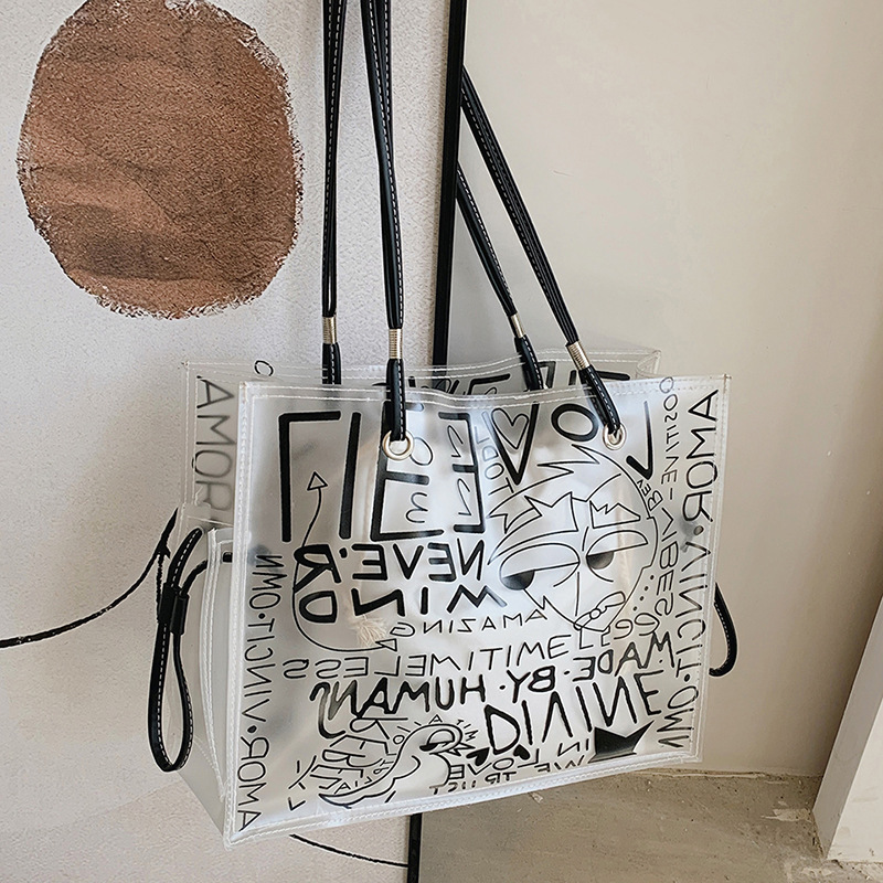 Summer women's large-capacity 2022 new niche graffiti single-shoulder bag, fashionable and high-quality transparent jelly tote bag undefined