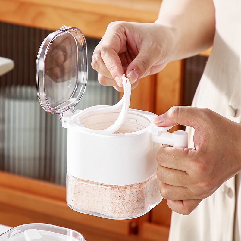 【CL】25Q4#6293 Fuchol One-Touch Lid-opening Glass Seasoning Jar (460ml) White/Khaki Application Scenario