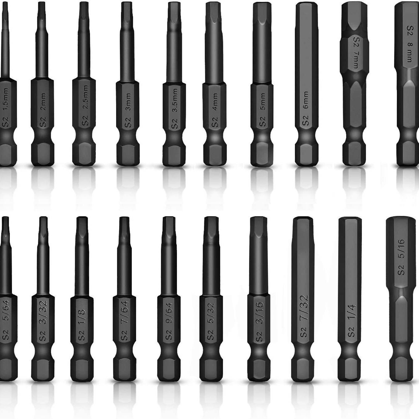 Black hexagon socket screwdriver set, 10PC imperial and 10PC metric blackened 1/4 hexagon handle magnetic screw screwdriver