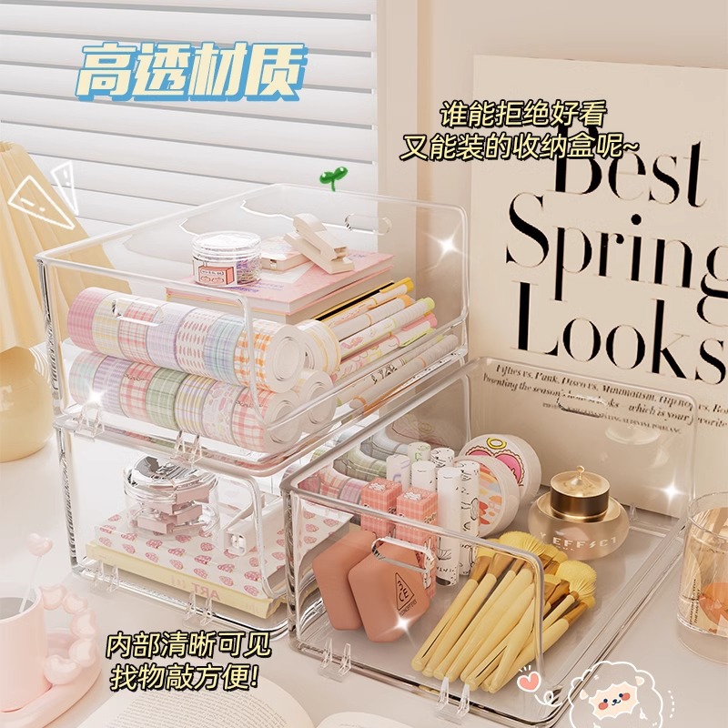 Desktop storage box, slanted acrylic transparent open storage basket, stackable mask drawer, snack shelf Application Scenario