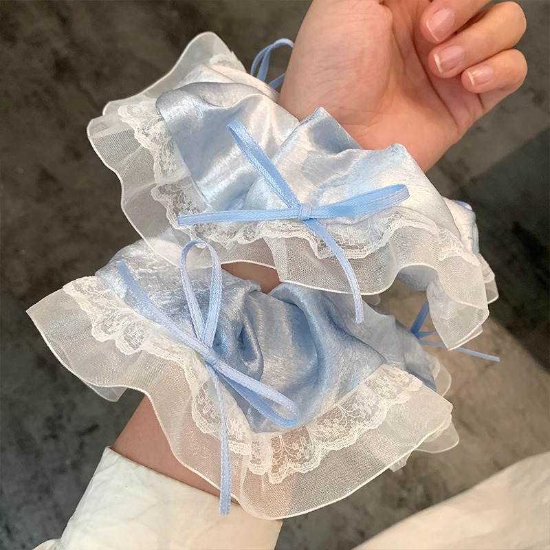 Sky blue satin bow long silk lace large intestine hair band 2025 new style sweet tie hair band rubber band headwear for women details Picture