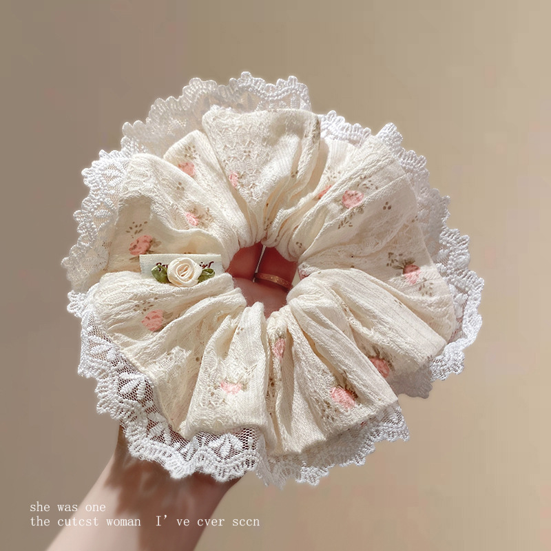 Elegant Camellia floral lace fringed large intestine hair band 2025 new style Korean-style gentle and high-end large headband for women undefined