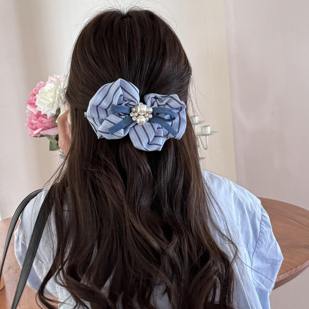 Korean blues spring/summer fresh blue pleated fringe large intestine hair band gentle French simple sweet and elegant duck clip