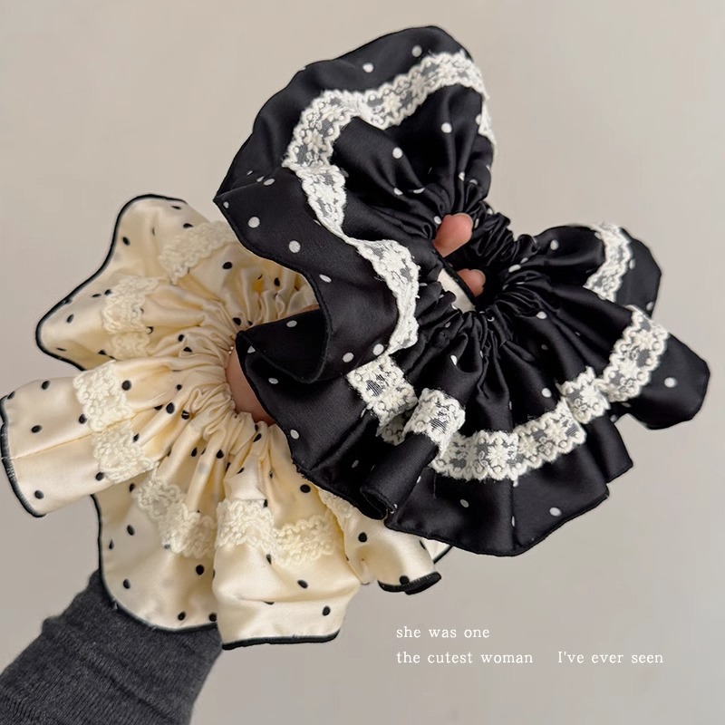 French lace polka dot large intestine hair tie for women with a high-end look, bun hair tie, ponytail, oversized hair flower hair tie Specification image