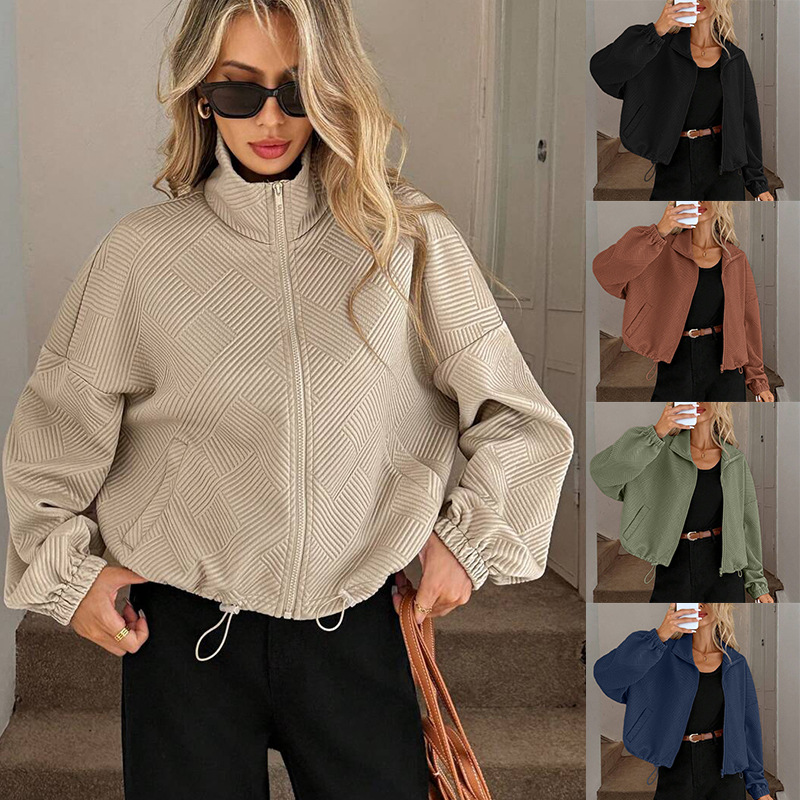European and American cross-border Amazon 2025 autumn/winter high-neck zipper hem drawstring pocket women's loose baseball jacket