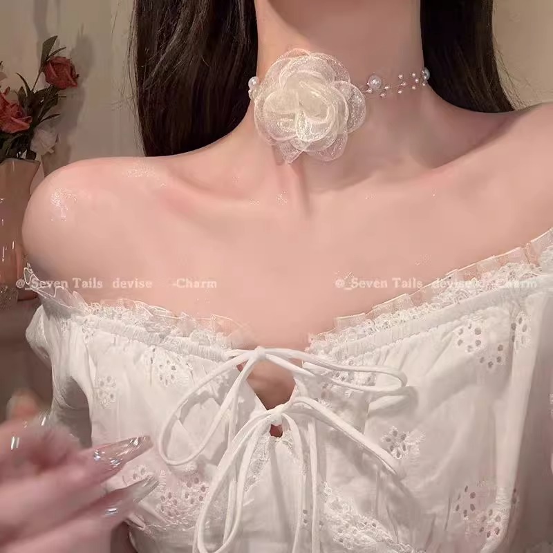 Camellia flower pearl necklace for women, choker collarbone chain spliced, light luxury and niche flower necklace, high-end accessory undefined