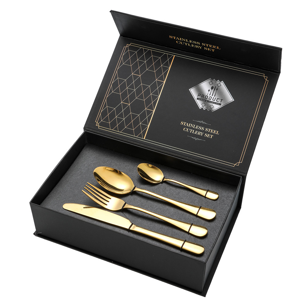 A 24-piece golden stainless steel tableware set with five main items: knife, fork and spoon, and a black high-end gift box set pic 10