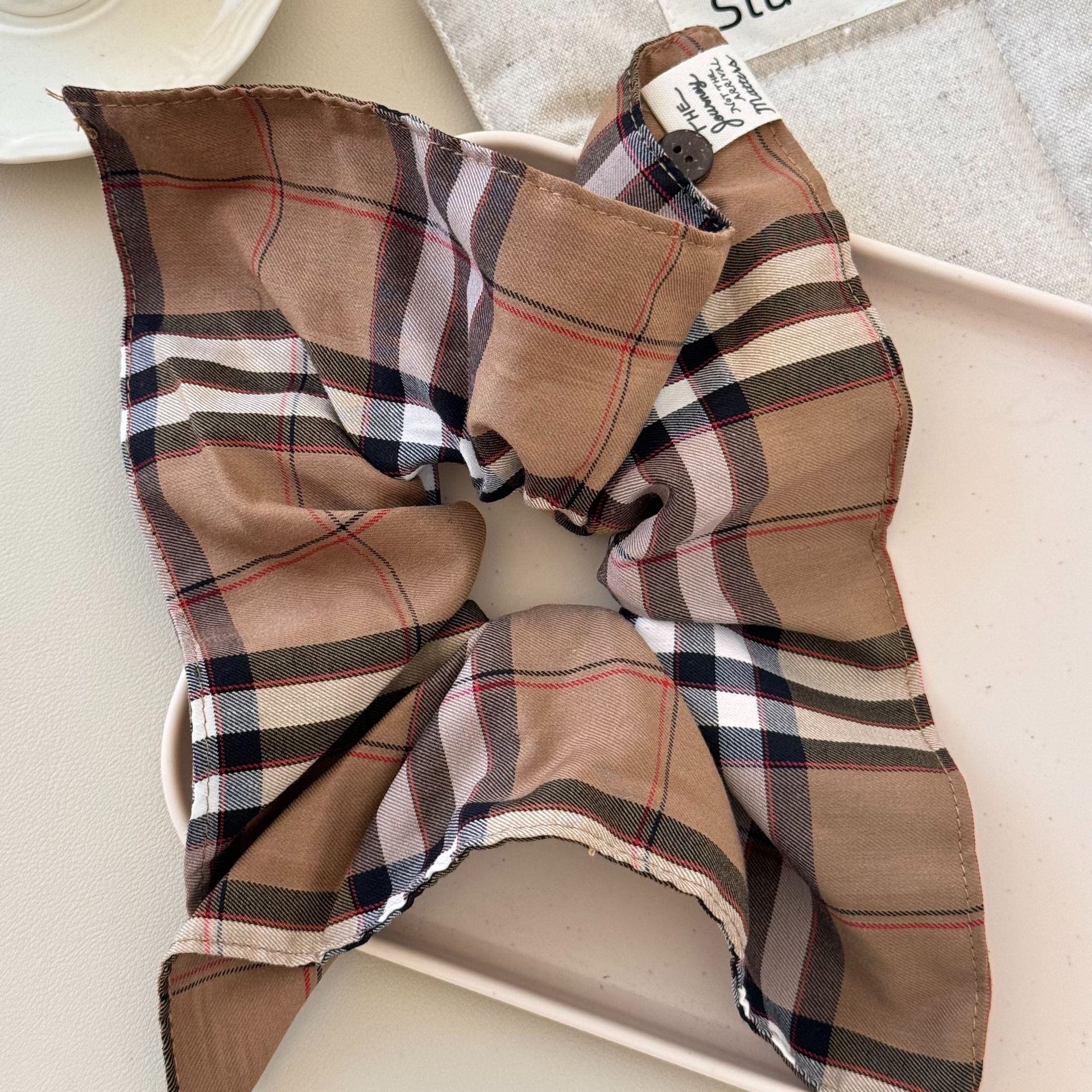 New Korean British style retro navy blue checkered, exquisite and stylish square large intestine hair band, versatile button square towel undefined