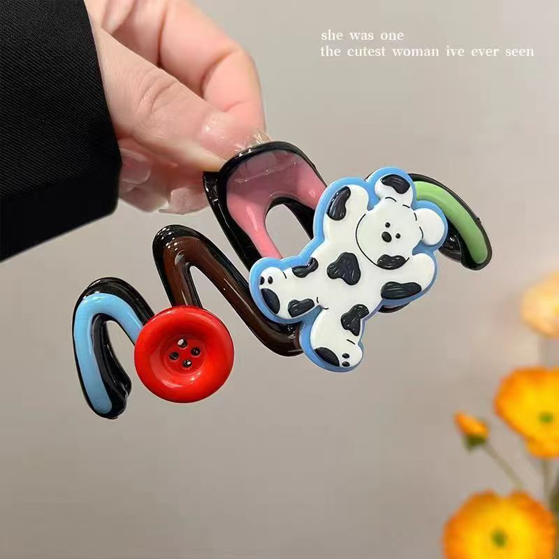 Cute black and white dog button gripper, gradient contrasting color wave shark clip, back head plate hair clip, thick hair clip Specification image