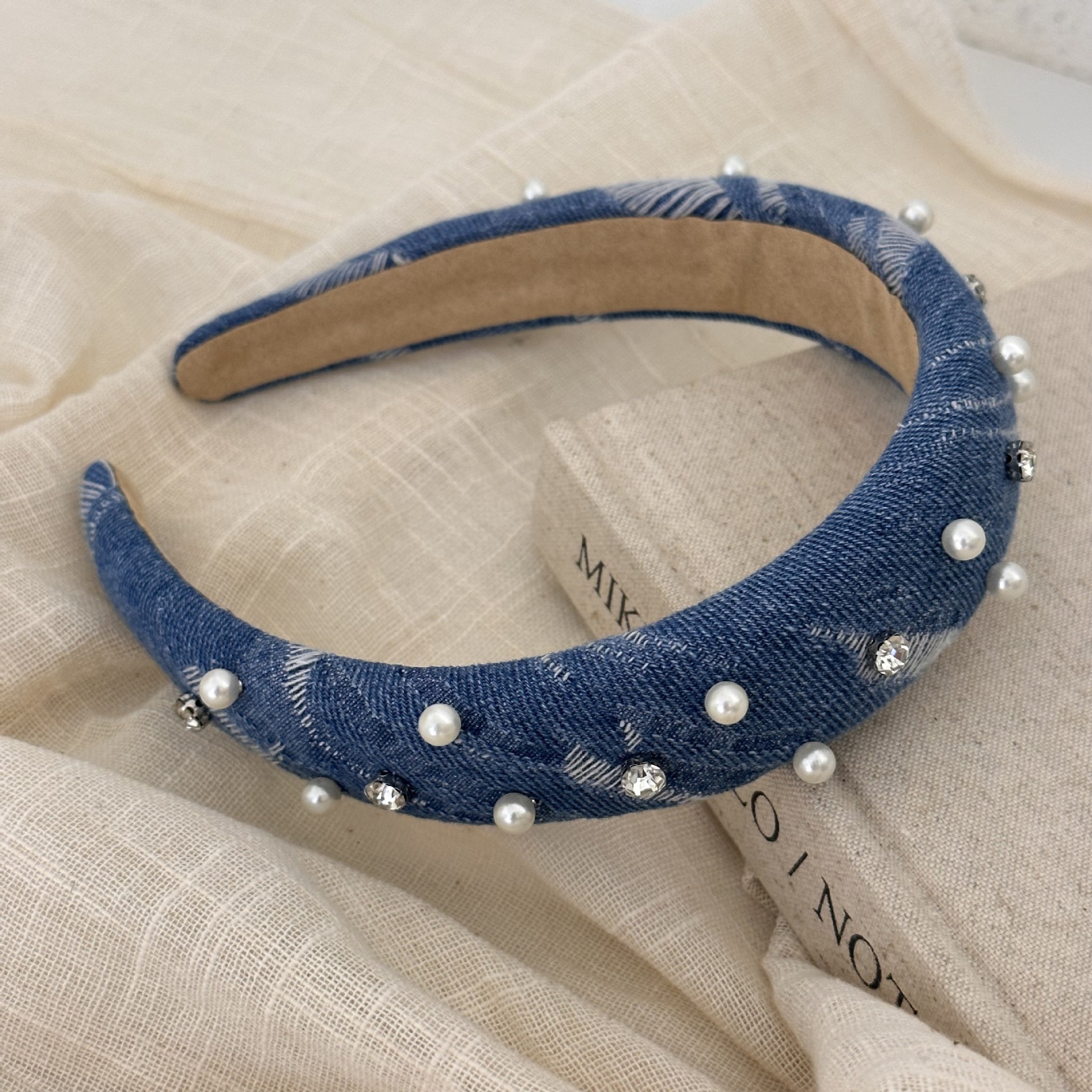 Korean-style simple beaded denim hairband for washing the face and casual outings, versatile hairpins and hair accessories, 2024 high headband for women undefined