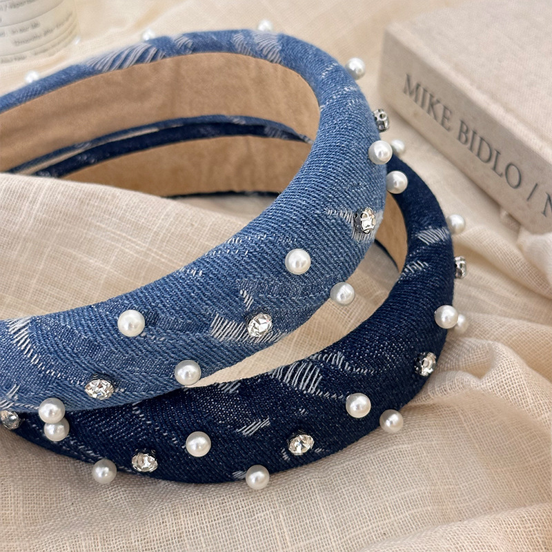 Korean-style simple beaded denim hairband for washing the face and casual outings, versatile hairpins and hair accessories, 2024 high headband for women Specification image
