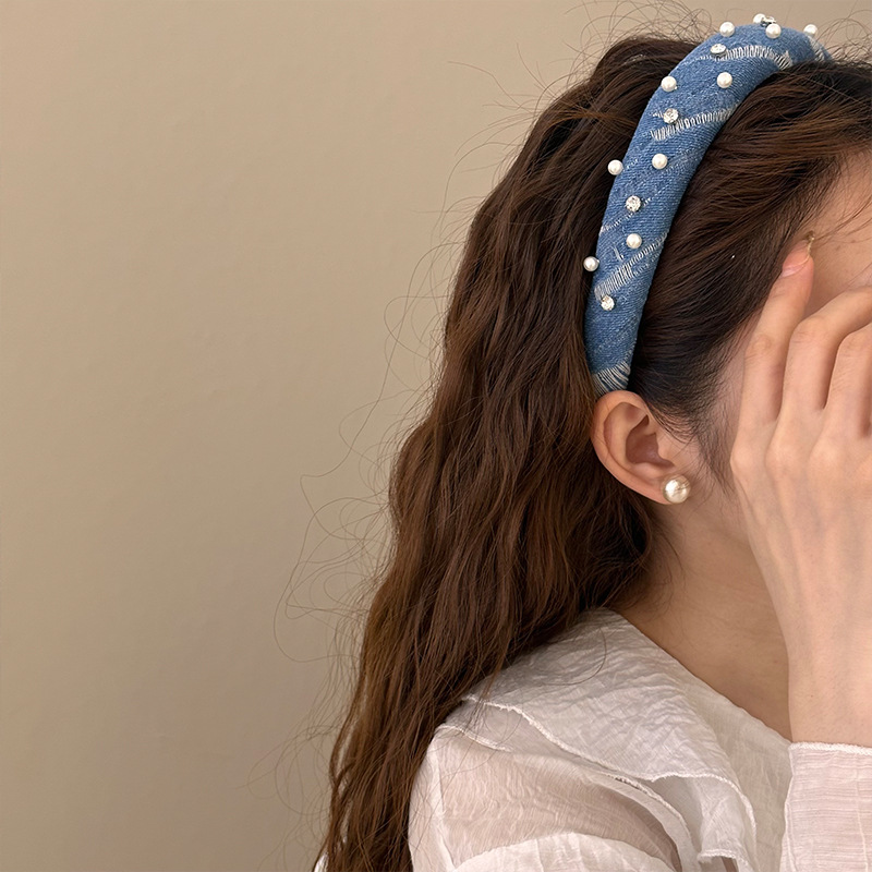 Korean-style simple beaded denim hairband for washing the face and casual outings, versatile hairpins and hair accessories, 2024 high headband for women details Picture