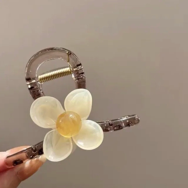 The sweet and heart-shaped flower hairpin is a medium-sized, transparent grey claw clip at the back of the female head, exuding a sense of elegance and sophistication. It is a shark clip headpiece undefined