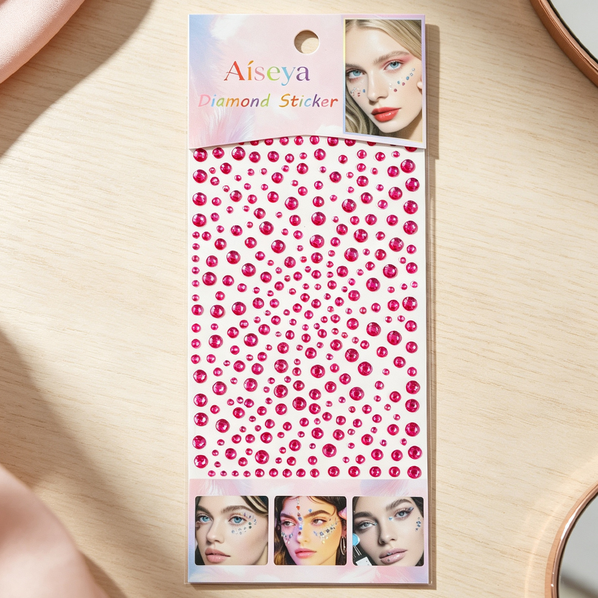 Rose red starry sky self-adhesive diamond stickers, multi-sized round diamonds, facial makeup, nail art, phone case decoration, bright diamonds Specification image