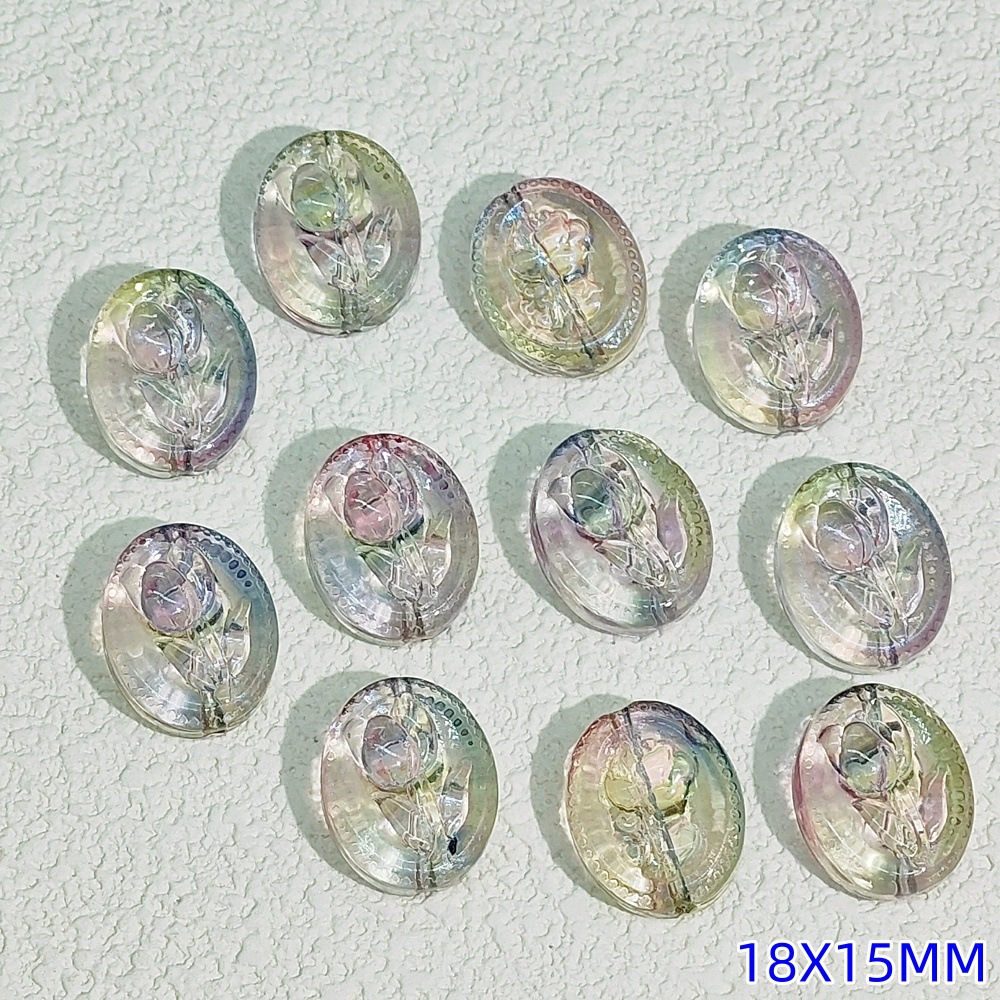 15x18mm oval glass flower brand glass rose through-hole beaded diy handmade necklace and bracelet material accessories undefined