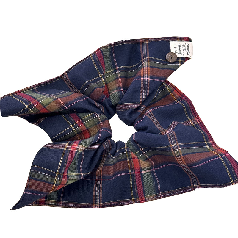 New Korean British style retro navy blue checkered, exquisite and stylish square large intestine hair band, versatile button square towel Item Picture