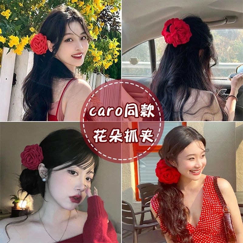 2024 New retro big red flower grab clip, large shark clip headpiece, rose hairpin, women's back of the head hairpin full image
