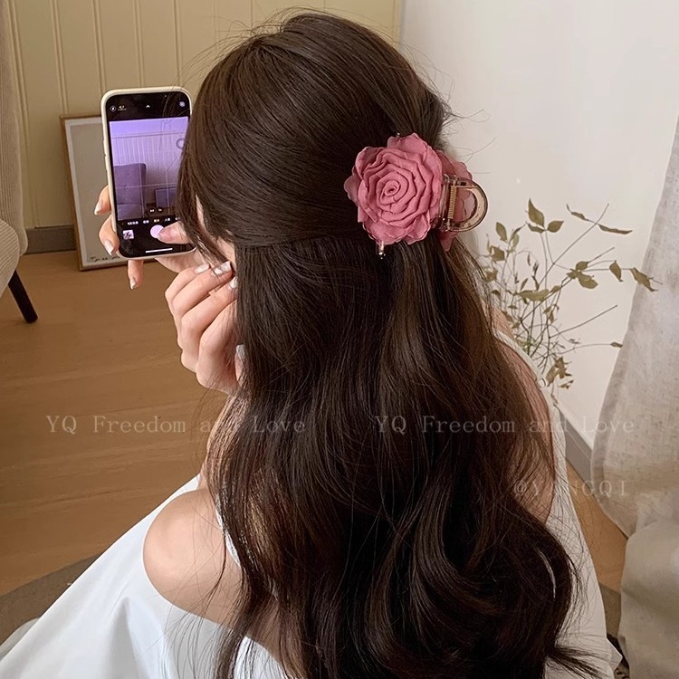 New Chinese-style dried rose hair clip for women with a high-end feel 2025 new flower semi-tied hair clip for the back of the head full image