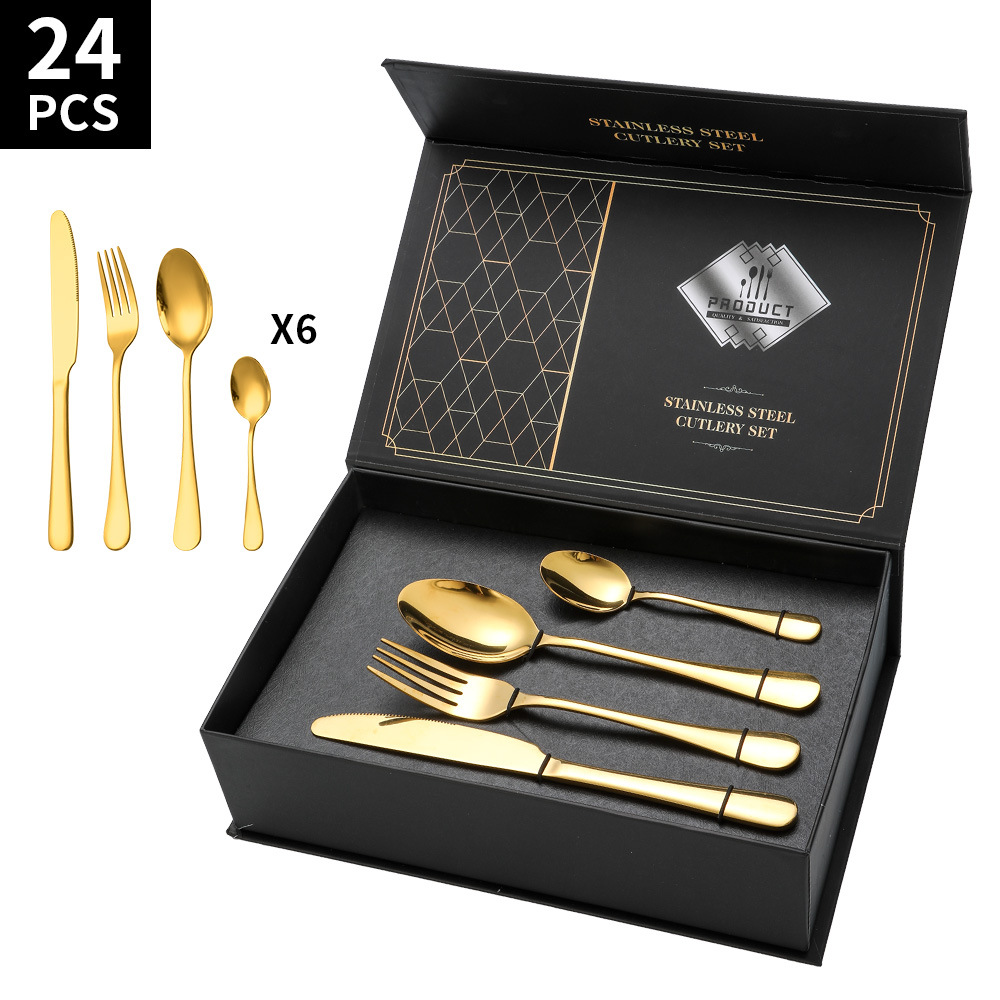 A 24-piece golden stainless steel tableware set with five main items: knife, fork and spoon, and a black high-end gift box set