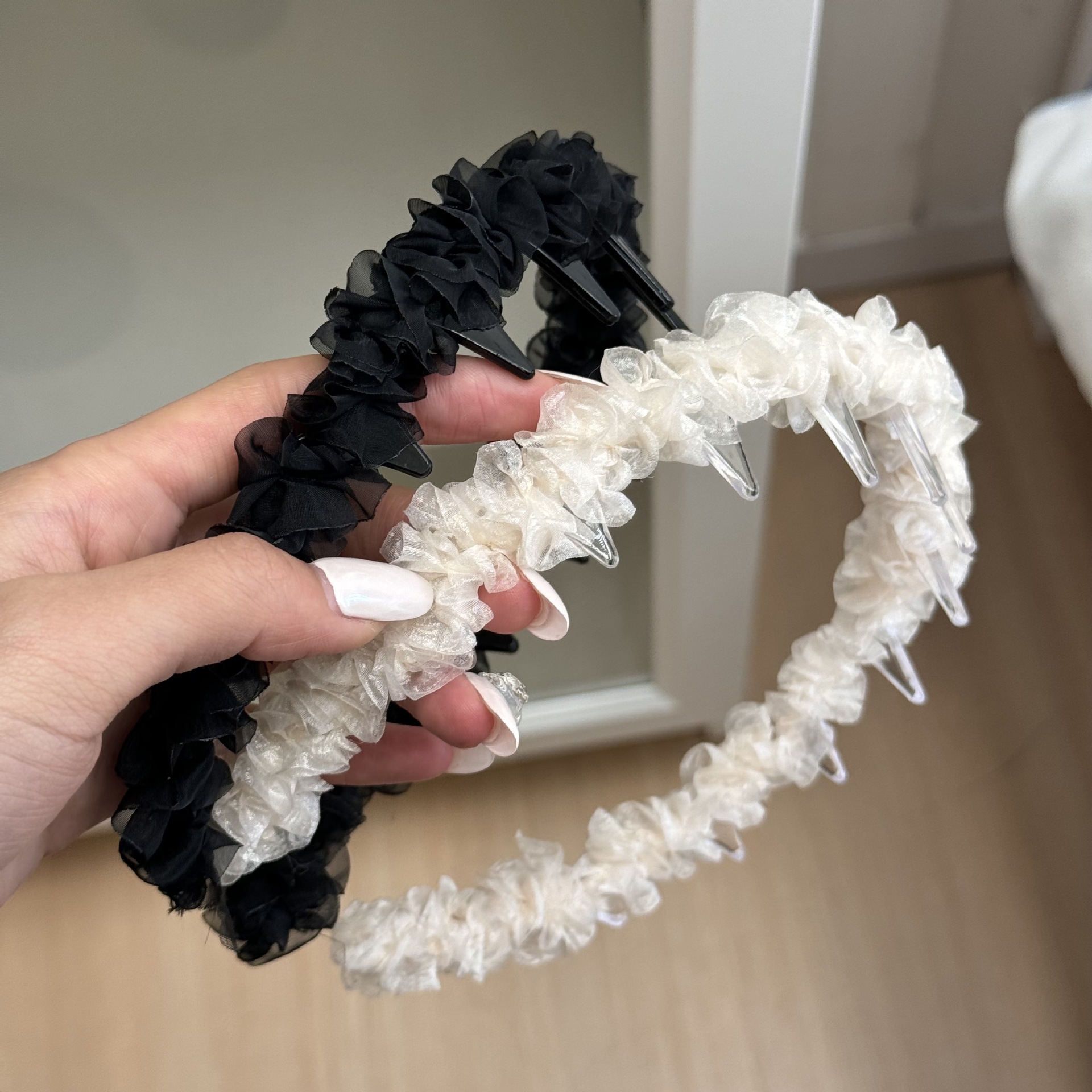 温柔米色甜美网纱褶皱气质发箍带齿防滑增高颅顶头箍洋气百搭头饰
