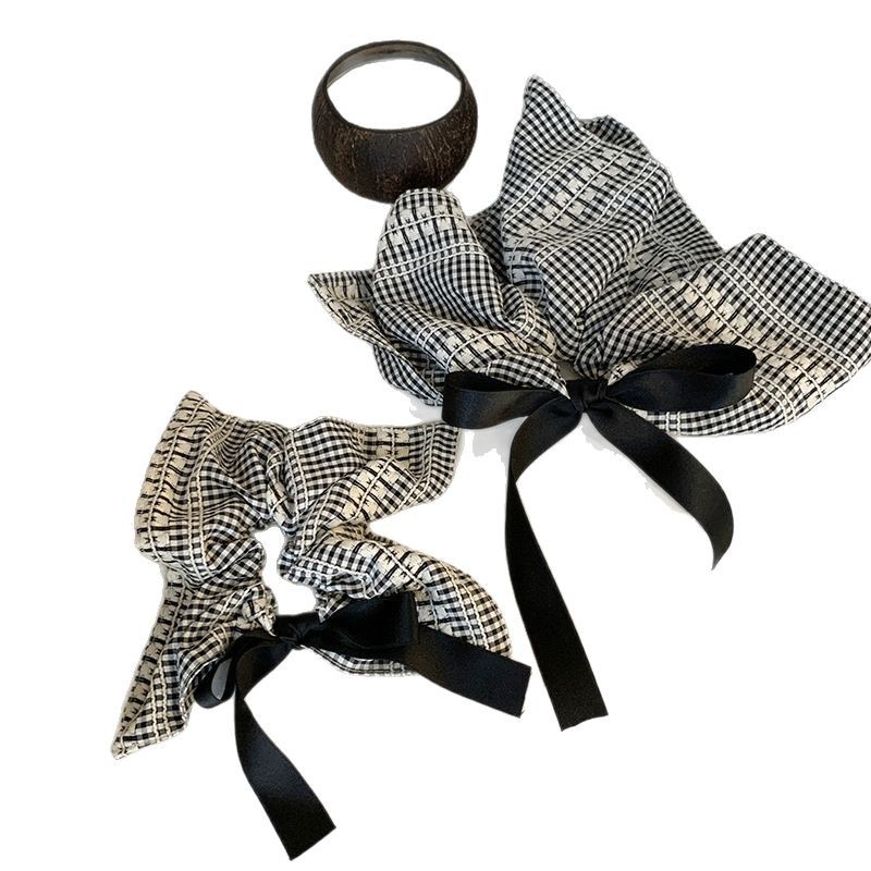 Korean-style bow, checkered square scarf hair tie, high-end female look, large intestine hair tie, niche design, oversized hair tie and hair accessory Item Picture