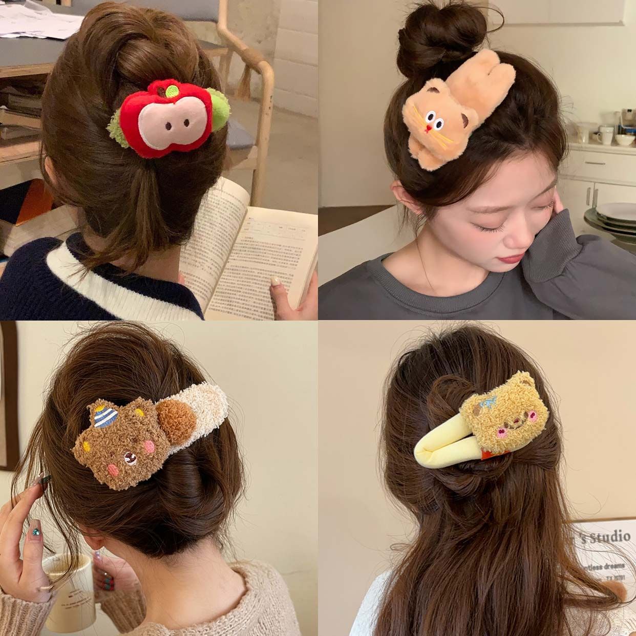 Plush red apple hair clips, large duckbill clips at the back of a woman's head, updo bangs clips, cute hair accessories wholesale