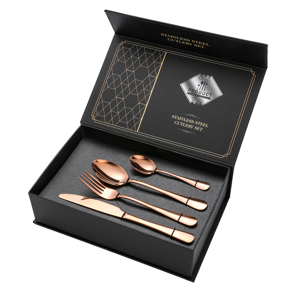 A 24-piece golden stainless steel tableware set with five main items: knife, fork and spoon, and a black high-end gift box set pic 11