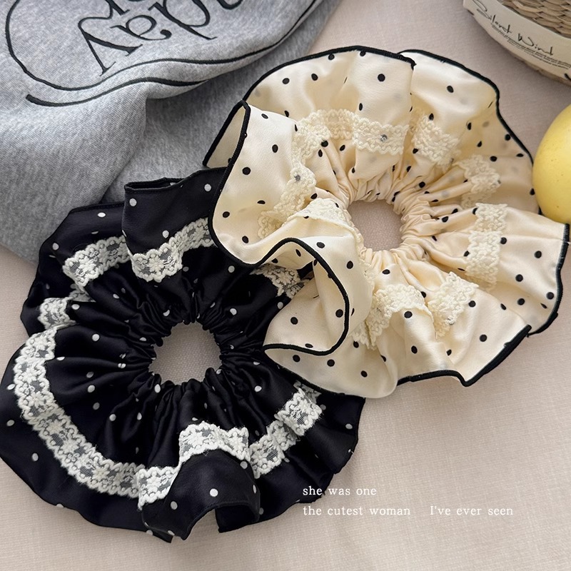 French lace polka dot large intestine hair tie for women with a high-end look, bun hair tie, ponytail, oversized hair flower hair tie full image