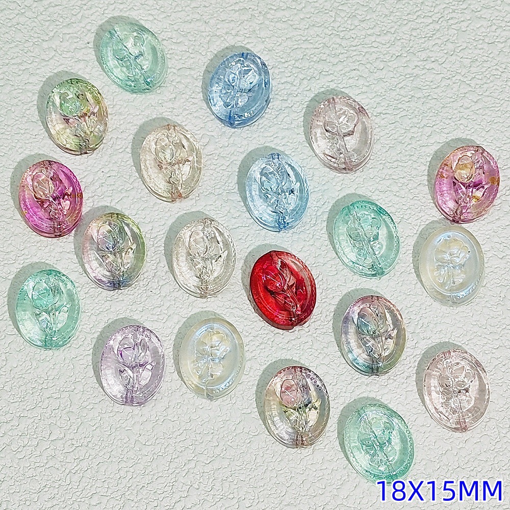 15x18mm oval glass flower brand glass rose through-hole beaded diy handmade necklace and bracelet material accessories undefined