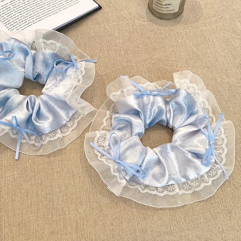 Sky blue satin bow long silk lace large intestine hair band 2025 new style sweet tie hair band rubber band headwear for women Specification image