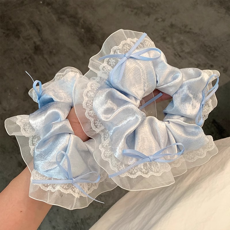 Sky blue satin bow long silk lace large intestine hair band 2025 new style sweet tie hair band rubber band headwear for women Application Scenario