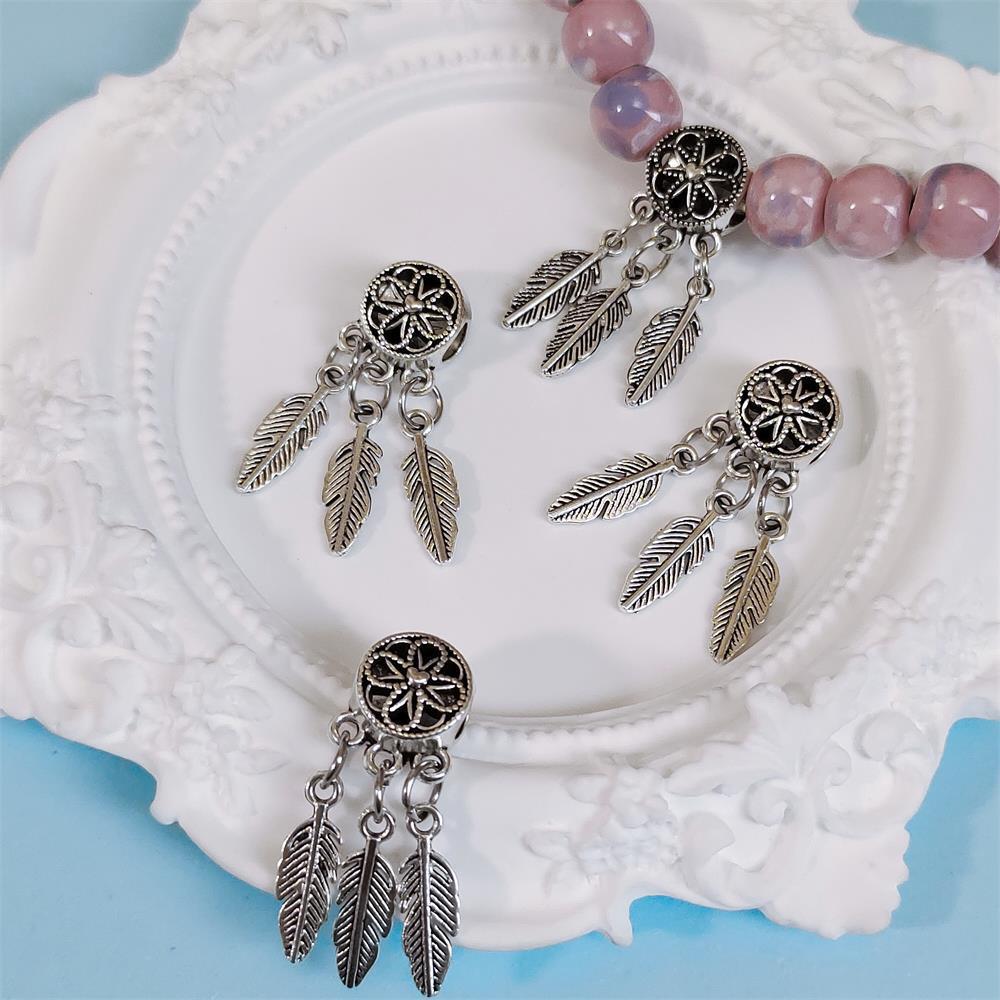 Gold and silver ancient silver longevity lock hidden silver dreamcatcher, alloy large hole multi-hanging bright silver feather tassels, diy handmade accessories undefined