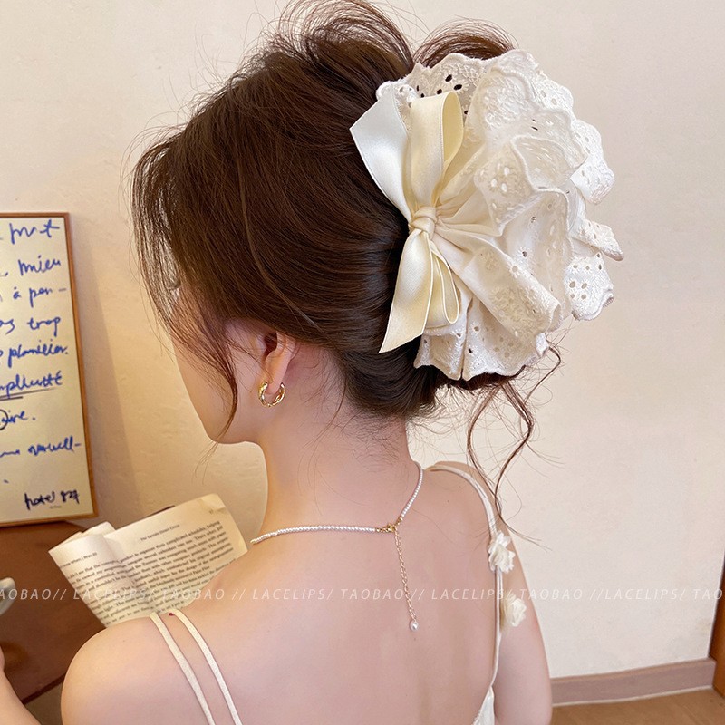 Bow denim triangle clip for women 2025 new style high-end shark clip full back of the head hair clip headwear undefined