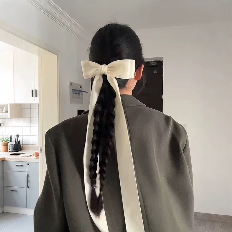 法式甜美奶白色大号蝴蝶结头饰发夹女2025新款后脑勺飘带丝带发饰 details Picture