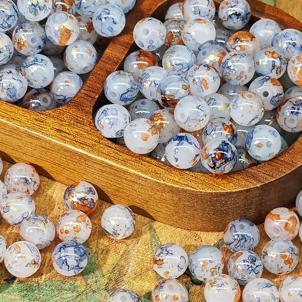 8/10mm glass beads, white jade material, ink-wash Chinese-style jewelry accessory beads, gold-sprinkled scattered beads, stringing material undefined