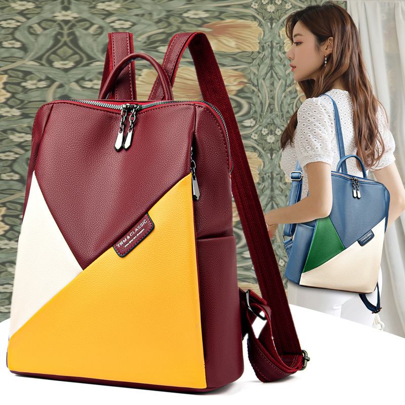 Fashion backpack for women 2024 New large-capacity trendy spliced women's backpack, Hong Kong-style soft leather bag full image