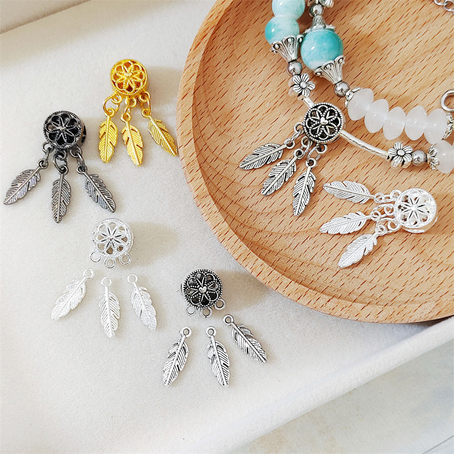 Gold and silver ancient silver longevity lock hidden silver dreamcatcher, alloy large hole multi-hanging bright silver feather tassels, diy handmade accessories undefined
