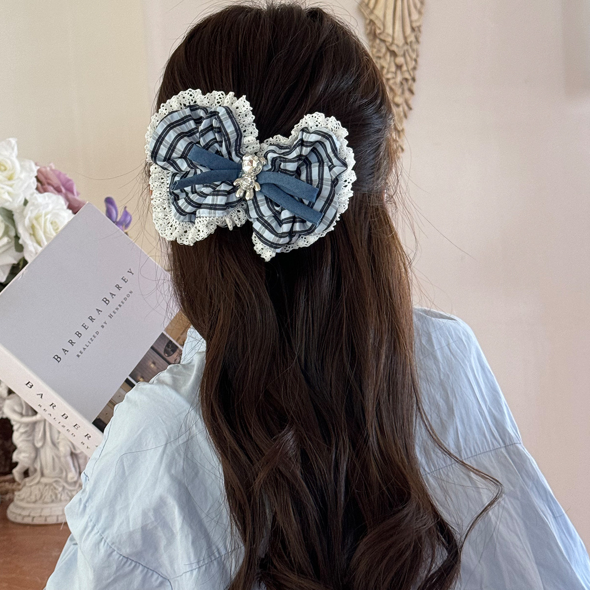 Korean blues spring/summer fresh blue pleated fringe large intestine hair band gentle French simple sweet and elegant duck clip details Picture