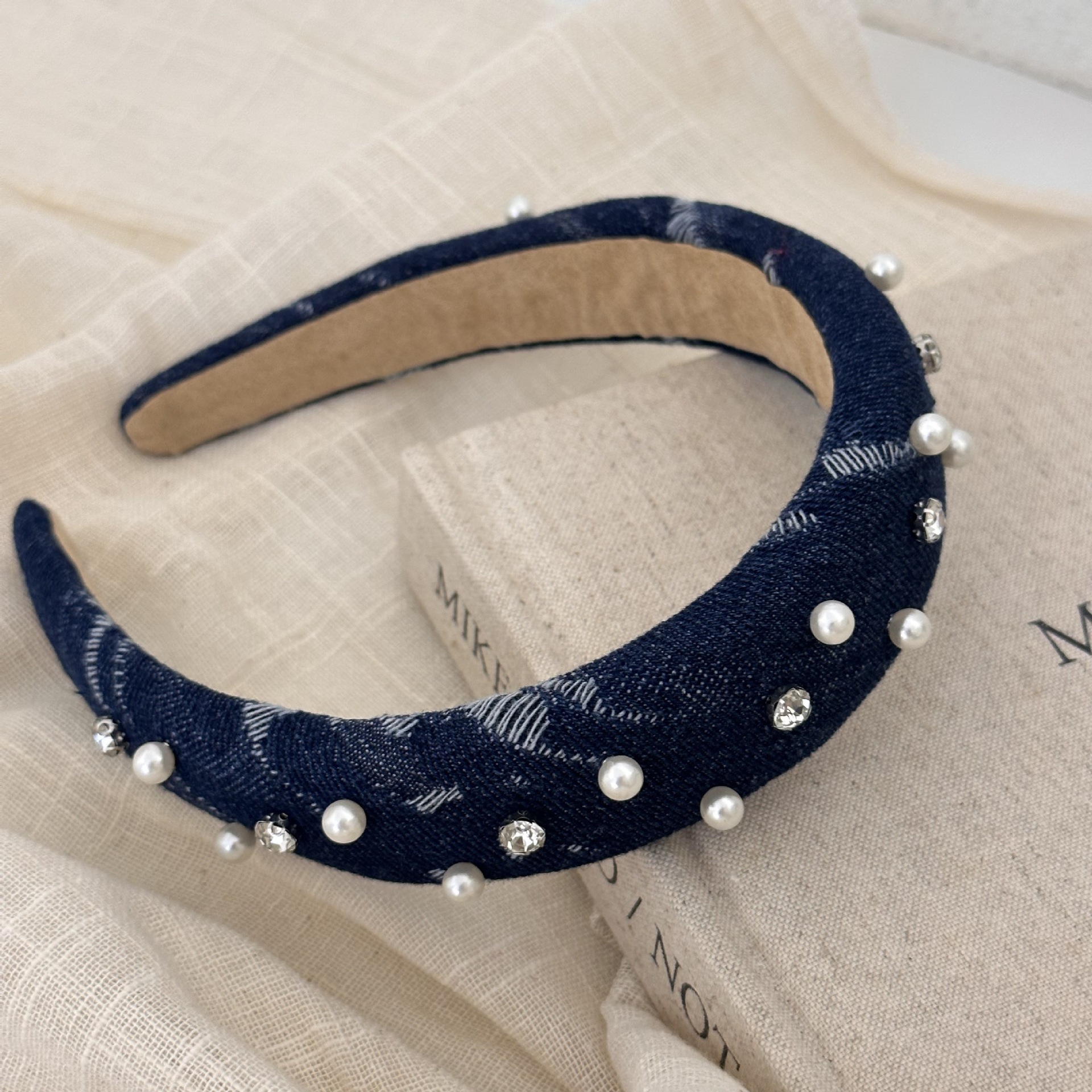 Korean-style simple beaded denim hairband for washing the face and casual outings, versatile hairpins and hair accessories, 2024 high headband for women undefined