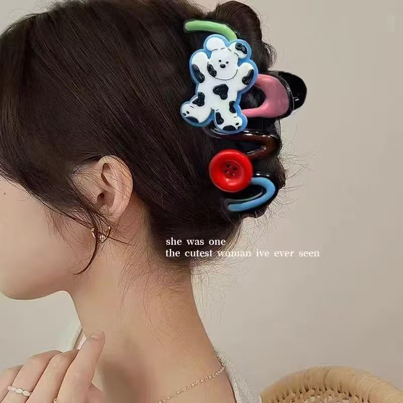 Cute black and white dog button gripper, gradient contrasting color wave shark clip, back head plate hair clip, thick hair clip full image