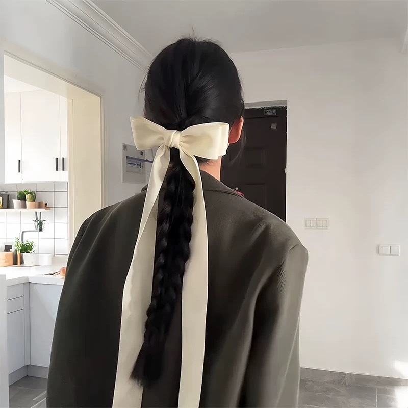 法式甜美奶白色大号蝴蝶结头饰发夹女2025新款后脑勺飘带丝带发饰 Specification image