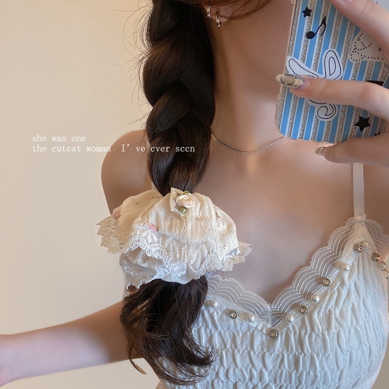 Elegant Camellia floral lace fringed large intestine hair band 2025 new style Korean-style gentle and high-end large headband for women Specification image