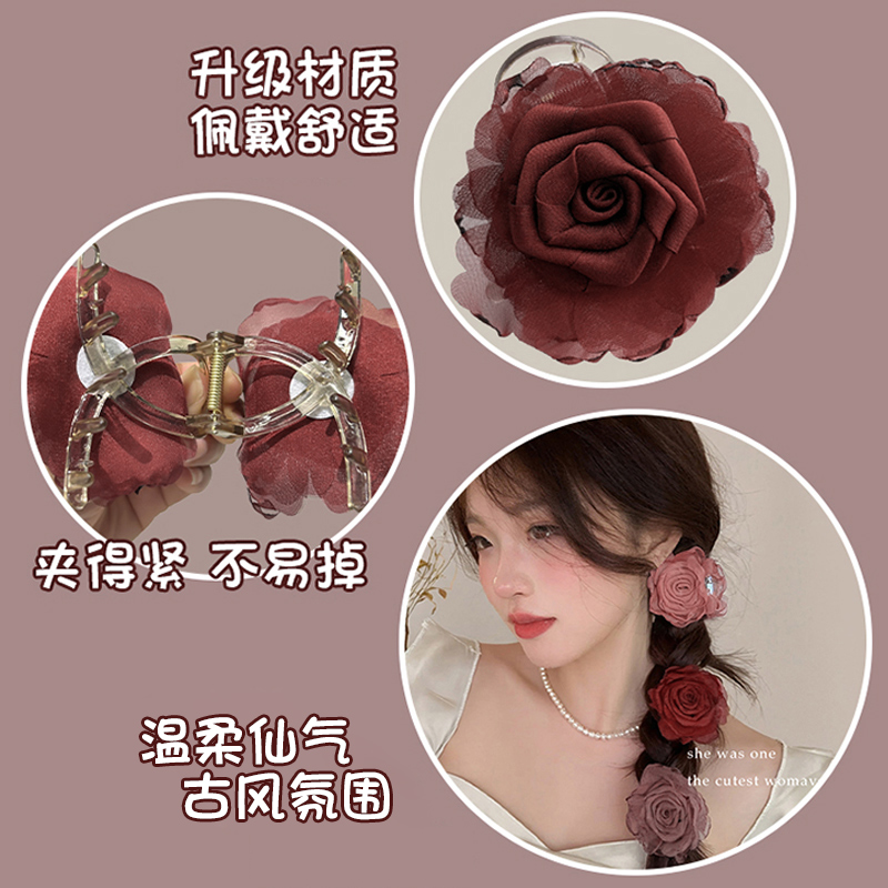 New Chinese-style dried rose hair clip for women with a high-end feel 2025 new flower semi-tied hair clip for the back of the head Item Picture