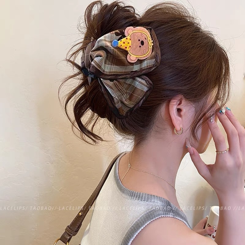 Bow denim triangle clip for women 2025 new style high-end shark clip full back of the head hair clip headwear undefined