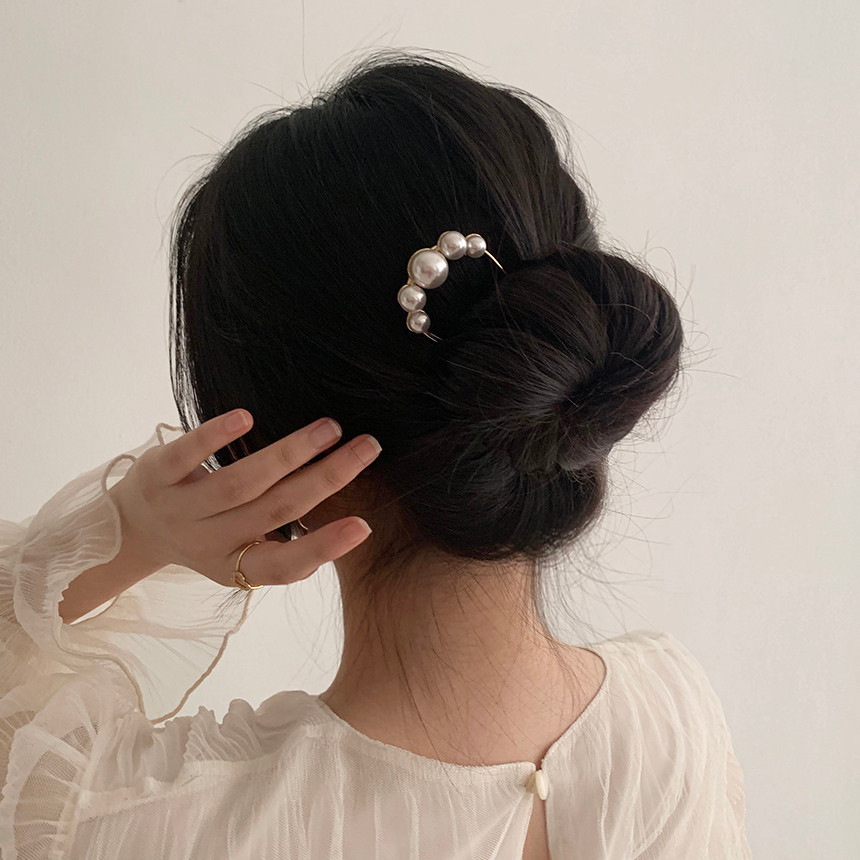 发簪女现代简约金属日常盘发丸子头u型发钗头饰韩式气质珍珠簪子