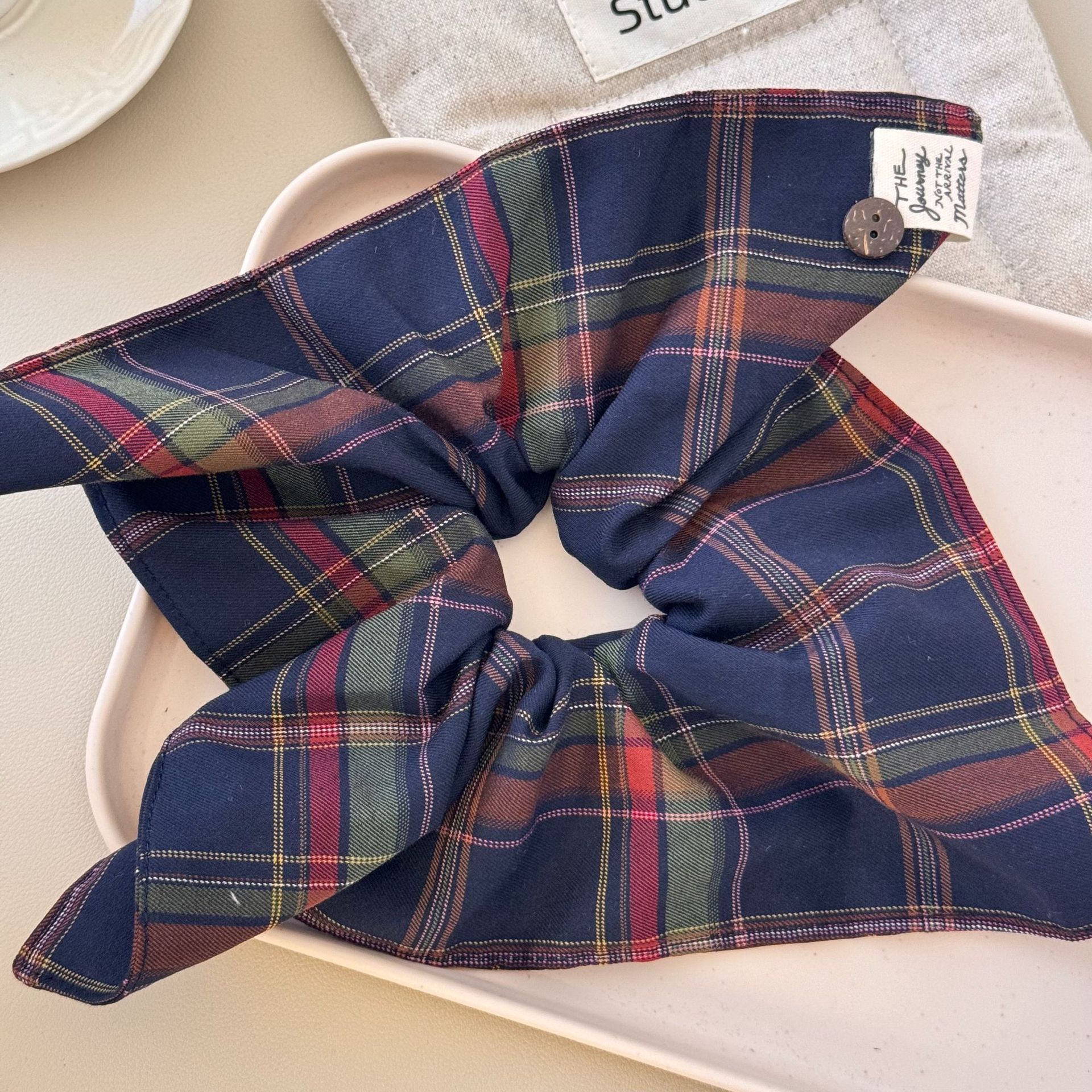 New Korean British style retro navy blue checkered, exquisite and stylish square large intestine hair band, versatile button square towel undefined